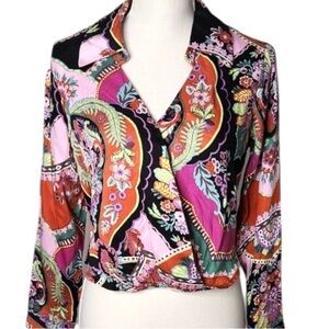 Rachel Zoe Faux Wrap Blouse Vibrant Floral print Long Sleeve Womens M